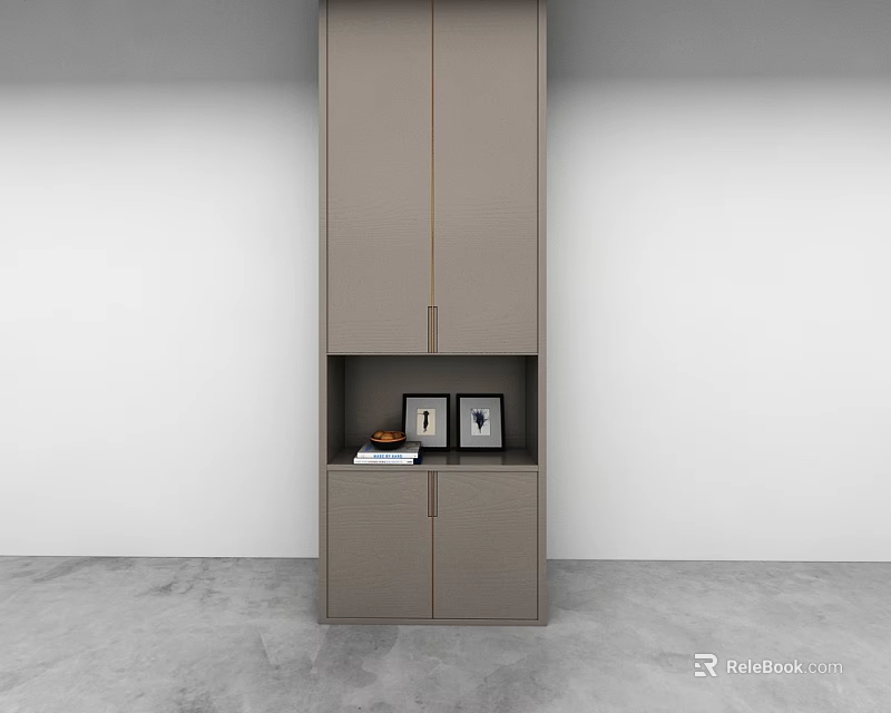 Modern Gray Wall Cabinet Design Featuring Open Shelf With Photo Frames On White Wall 3d model 