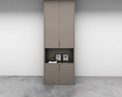 Modern Gray Wall Cabinet Design Featuring Open Shelf With Photo Frames On White Wall 3d model