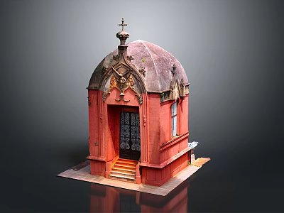 Red Ornate Building With Cross Topped Dome Wooden Door And Stone Steps 3d model