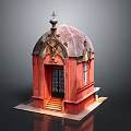Red Ornate Building With Cross Topped Dome Wooden Door And Stone Steps