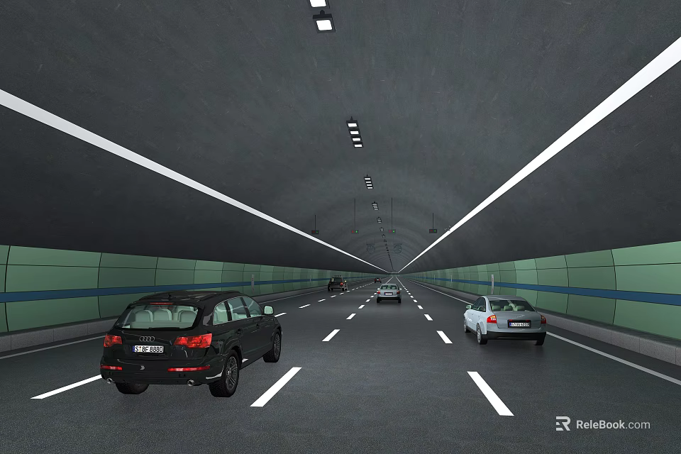 Road Facilities In Tunnel With Vehicles Lane Markings And Ceiling Lighting 3d model 