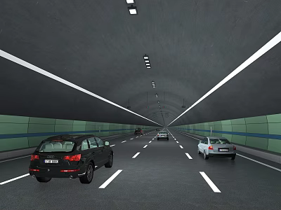 Road Facilities In Tunnel With Vehicles Lane Markings And Ceiling Lighting 3d model