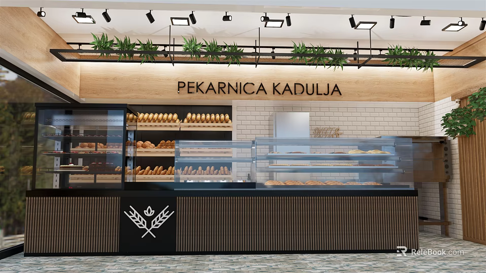 Sweet Shop Interior With Glass Display Counter Fresh Breads Wooden Decor And Green Plants 3d model 