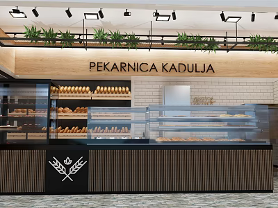 Sweet Shop Interior With Glass Display Counter Fresh Breads Wooden Decor And Green Plants 3d model