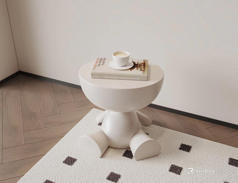 Round White Desk With Cartoon Bear Leg Supports Books And Cup On Diamond Rug 3d model 