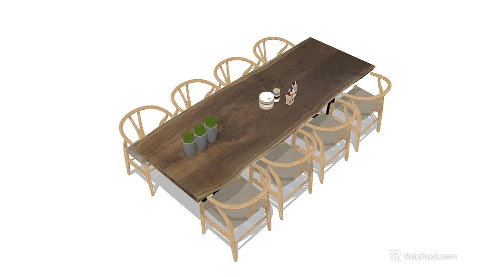 Modern Wooden Dining Table Set With Light Wood Chairs And Tabletop Decorations 3d model 