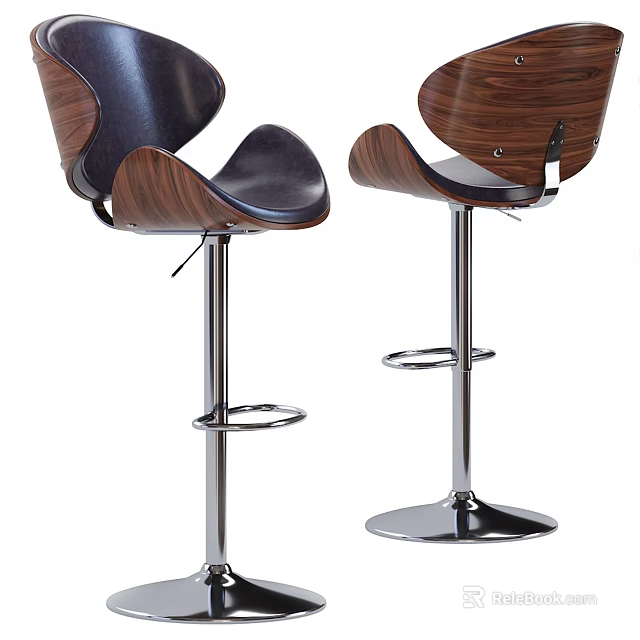 Modern Bar Stools With Walnut Wood Backrest Black Leather Seat And Silver Metal Base 3d model 