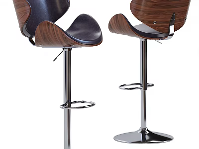 Modern Bar Stools With Walnut Wood Backrest Black Leather Seat And Silver Metal Base 3d model