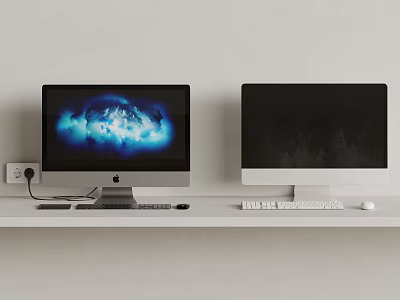 Dual Computer Monitors on White Shelf with Illuminated and Dark Screens Keyboard Mouse 3d model