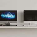 Dual Computer Monitors on White Shelf with Illuminated and Dark Screens Keyboard Mouse