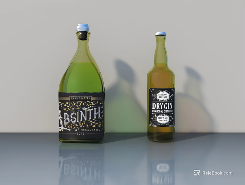 Green Absinth and Yellow Dry Gin Bottles on Gray Background with Shadows 3d model 