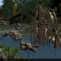 Wooden Bridge Over Scenic Stream With Person Walking And Natural Rocks Vegetation