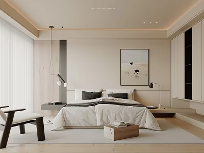 Modern Bedroom Interior Design With White Bedding Gray Pillows Table Lamps And Wall Art 3d model