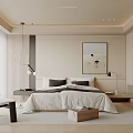 Modern Bedroom Interior Design With White Bedding Gray Pillows Table Lamps And Wall Art