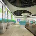 Modern Exhibition Hall Interior With Curved Ceiling White Columns And Blue Display Counters 3d model