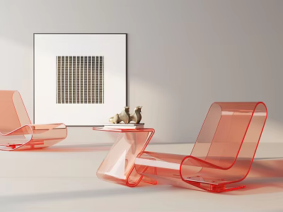 Modern Transparent Red Chair Table Set With Abstract Wall Art And Figurine 3d model