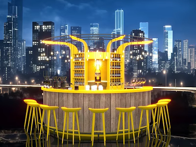 Modern Tea Break Area With Yellow Bar Counter And Stools Against City Night Backdrop 3d model