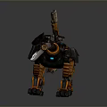 Detailed Orange Black Mechanical Wolf With Sword On Back And Mechanical Legs