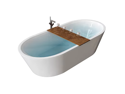 White Freestanding Bathtub Interior Design With Wooden Shelf And Bottles In Water 3d model