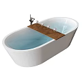 White Freestanding Bathtub Interior Design With Wooden Shelf And Bottles In Water