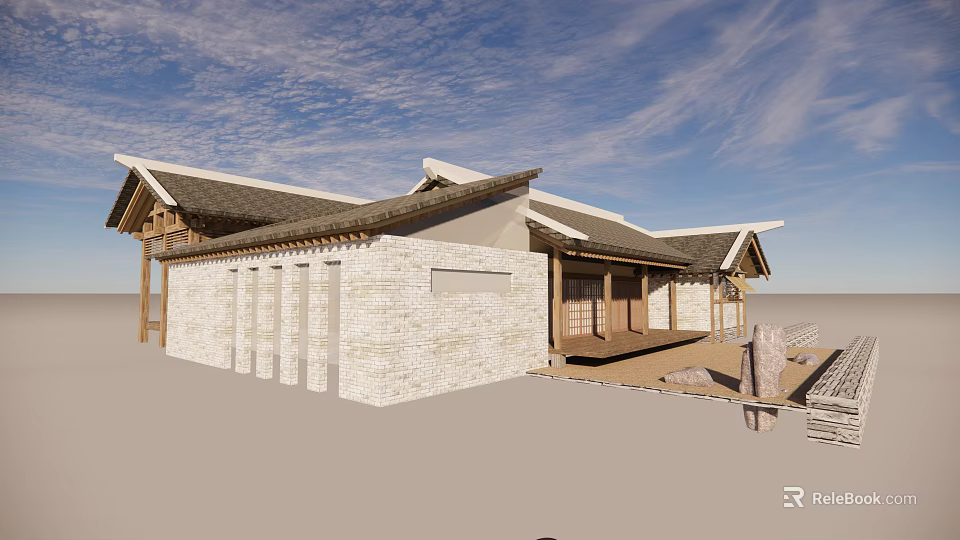 Traditional Rural Self Built House With Tile Roof White Brick Wall And Wooden Porch 3d model 