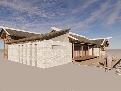 Traditional Rural Self Built House With Tile Roof White Brick Wall And Wooden Porch 3d model