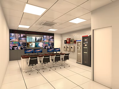 Modern Monitoring Room With Surveillance Monitors Control Console And Ergonomic Chairs 3d model