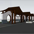Traditional Chinese Garden Pergola With Circular Windows Wooden Columns And Green Lawn