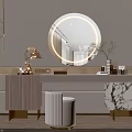 Modern Dressing Table with Round Mirror Table Lamp Marble Countertop White Stool and Gold Accents