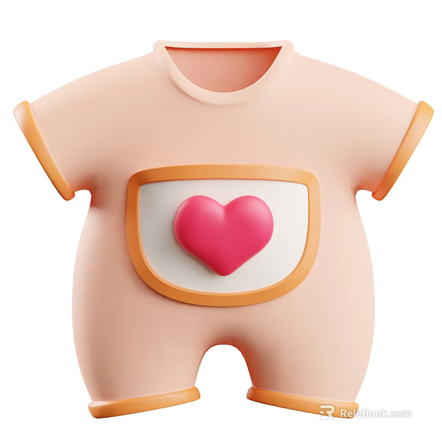 Light Pink Baby Onesie with Orange Trim and White Pocket Featuring Pink Heart 3d model 