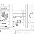 Modern Walk in Closet Interior With Wooden Storage Cabinets Clothing Racks And Round Mirror