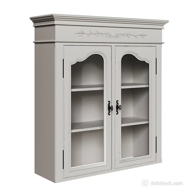 Light Gray Wall Cabinet with Glass Doors Carved Top Details and Shelves for Home Storage 3d model 