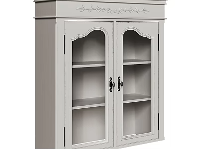 Light Gray Wall Cabinet with Glass Doors Carved Top Details and Shelves for Home Storage 3d model
