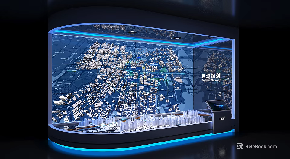Regional Planning Urban Model Display With Illuminated Building Models And Digital Map 3d model
