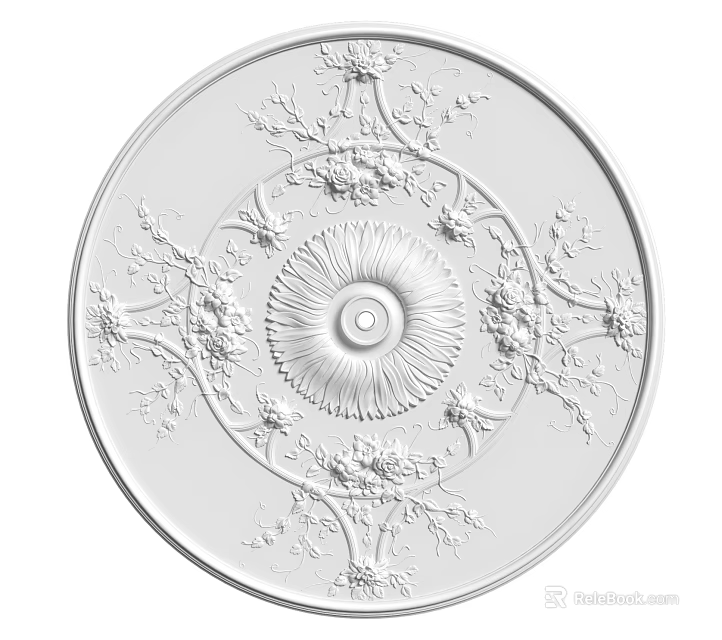 White Circular Ceiling Medallion With Intricate Carved Floral Leaf Patterns And Central Design 3d model