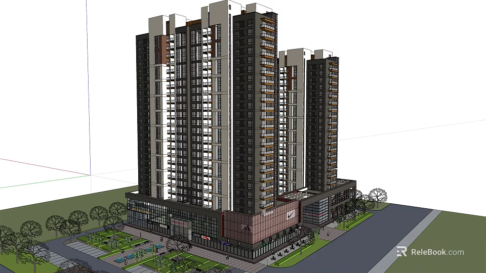 Modern High Rise Residential Building Complex With Commercial Base And Green Areas 3d model 