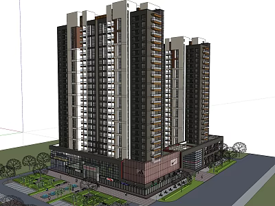 Modern High Rise Residential Building Complex With Commercial Base And Green Areas 3d model