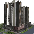 Modern High Rise Residential Building Complex With Commercial Base And Green Areas