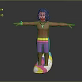 Shirtless Surfer Boy Standing On Colorful Surfboard With Outstretched Arms
