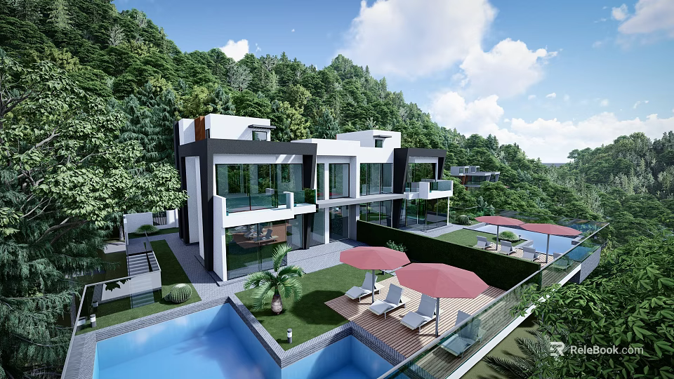 Modern Detached Villa In Lush Green Hills Featuring Swimming Pool Outdoor Loungers And Red Umbrellas 3d model 
