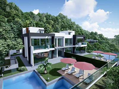 Modern Detached Villa In Lush Green Hills Featuring Swimming Pool Outdoor Loungers And Red Umbrellas 3d model