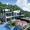 Modern Detached Villa In Lush Green Hills Featuring Swimming Pool Outdoor Loungers And Red Umbrellas