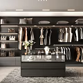Modern Dark Toned Walk In Closet With Wardrobe And Flowers