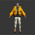 Masked Character Wearing Yellow Puffer Jacket With Biohazard Symbols On Pants And Orange Shoes