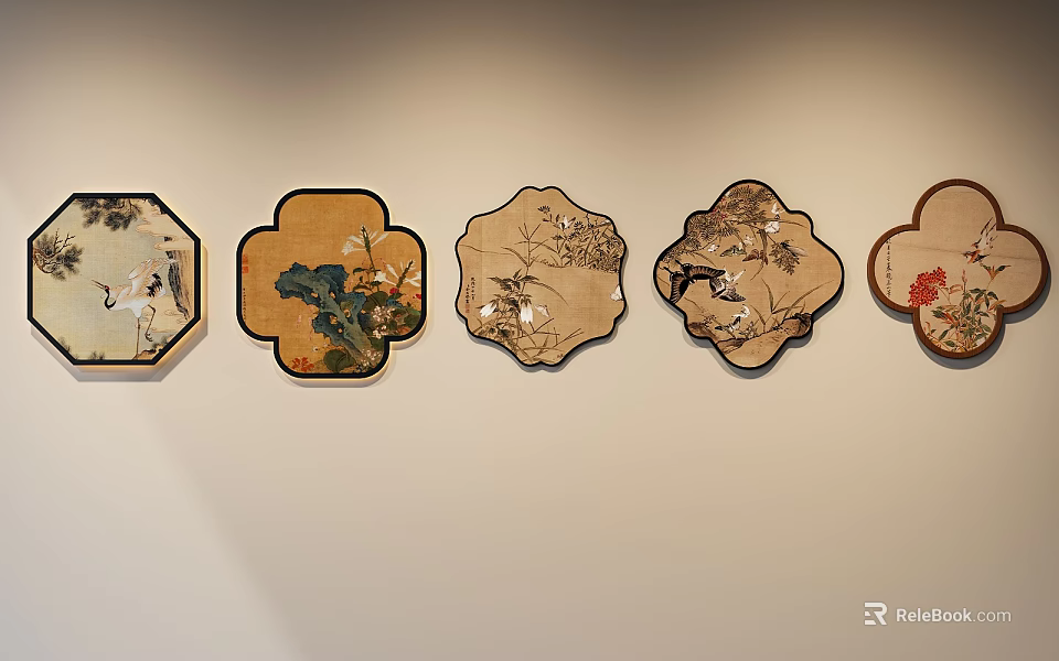 Chinese Style Wall Decorations With Various Shapes And Floral Bird Motifs Arranged On White Wall 3d model 