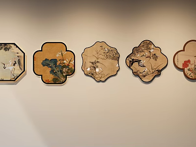Chinese Style Wall Decorations With Various Shapes And Floral Bird Motifs Arranged On White Wall 3d model