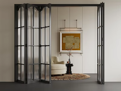 Living Room Interior With Black Metal Glass Folding Doors Beige Armchair And Abstract Painting 3d model
