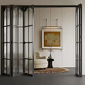 Living Room Interior With Black Metal Glass Folding Doors Beige Armchair And Abstract Painting