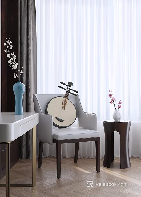 Light Gray Leisure Chair with Pipa Blue Vase Pink Flowers White Table and White Curtains 3d model 