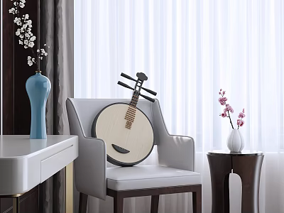 Light Gray Leisure Chair with Pipa Blue Vase Pink Flowers White Table and White Curtains 3d model